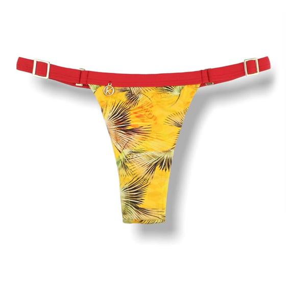 Imagem de Tanga Fany Amarelo Tropical  Biquíni Estampado Semi Fio Marquinha de Fita  Regulável  Detalhe Vermelho Carmim