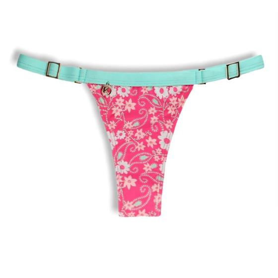 Imagem de Tanga Fany Floral Rosa  Biquíni Estampado Semi Fio Marquinha de Fita  Regulável  Detalhe Verde Mint