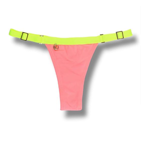 Imagem de Tanga Fany Lollipop  Biquíni Liso Semi Fio  Marquinha de Fita  Regulável  Cor Pêssego  Detalhe Amarelo Neon