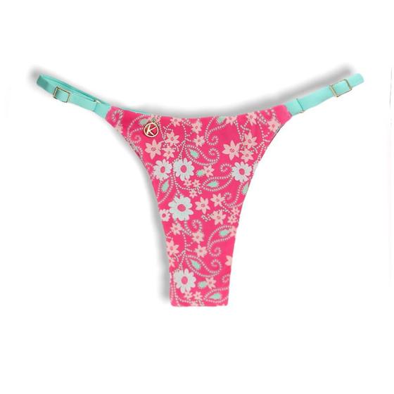 Imagem de Tanga Mia Floral Rosa  Biquíni Estampado  Semi Fio  Tira Fina Regulável  Marquinha de Fita  Detalhe Verde Mint