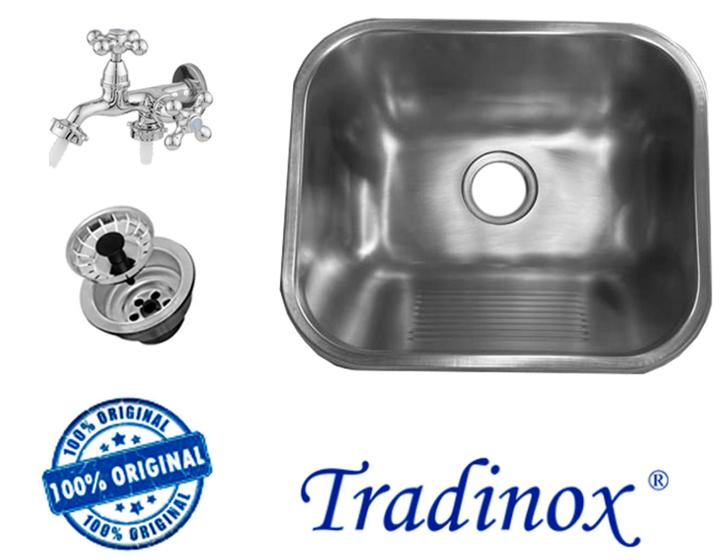 Imagem de Tanque Inox 40x34 (AÇO 304) - ACETINADO - TRADINOX + torneira dupla + válvula