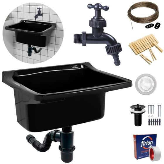 Imagem de Tanque Lavanderia  22L Preto + Sifão Copo Universal Sanfonado + Veda Rosca + Torneira + Varal em Aço + Prendedor + Ralo