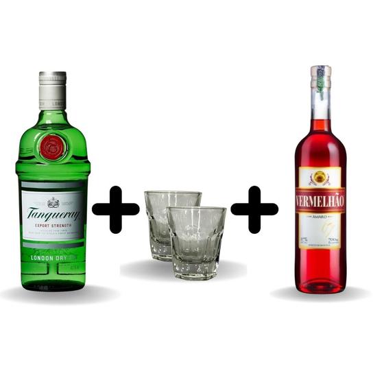 Imagem de Tanqueray com Vermlhão e dois copos de short vidro 45ml