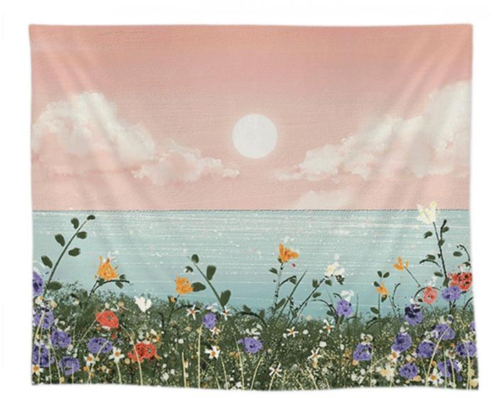Imagem de Tapeçaria Decorativa 150x130cm - Lua, Nuvens e Flores - Para Quarto, Sofá e Cabeceira