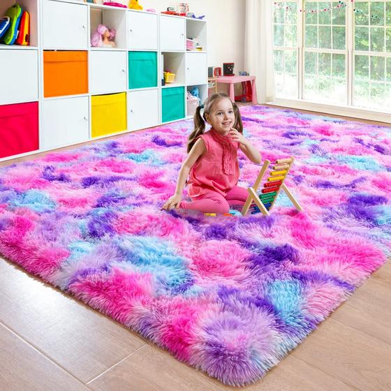 Imagem de Tapete Area junovo Soft Rainbow para quarto de meninas, fofo e colorido