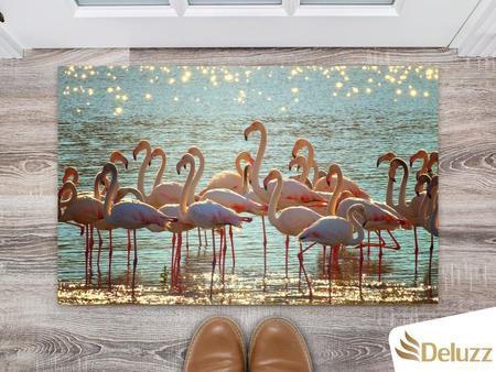 Imagem de Tapete Capacho Decorativo Entrada Porta Sala Flamingo na água