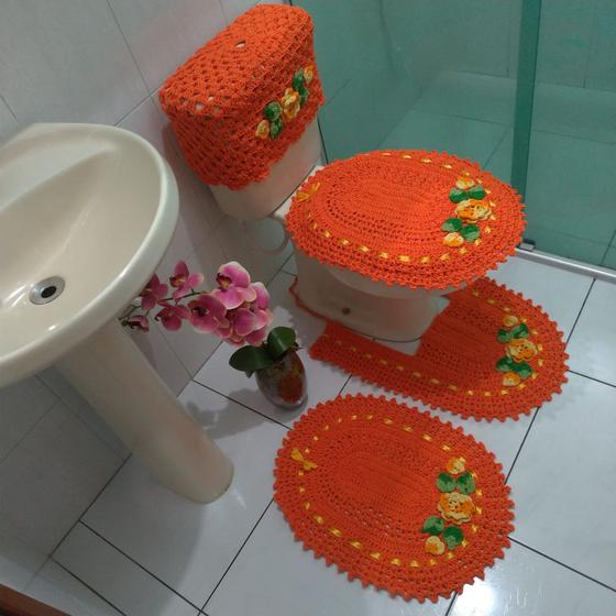 Imagem de Tapete Crochê Colorido Banheiro Jogo 4 Peças Caixa