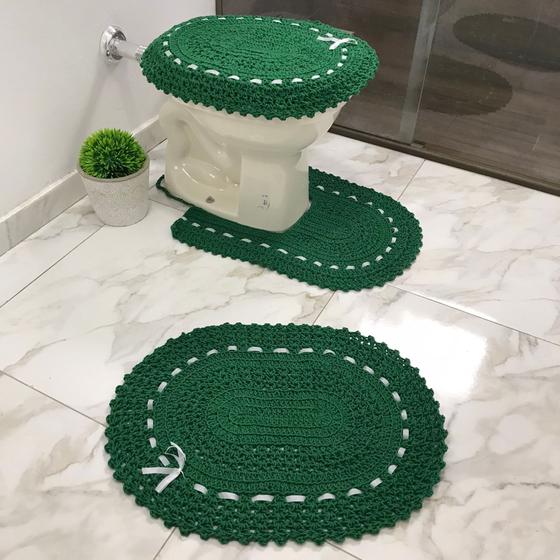 Imagem de Tapete de Banheiro Crochê 3 Peças Cores Variadas Jogo Neutro Artesanal Decoração Básico Tricô