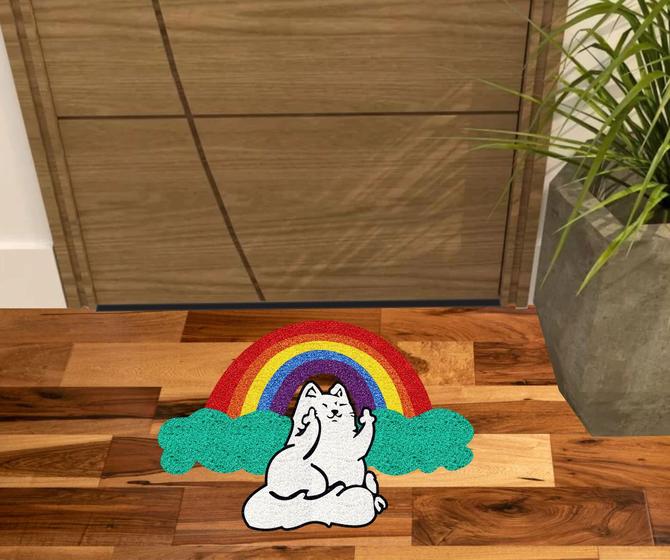 Imagem de Tapete gato arco íris divertido.