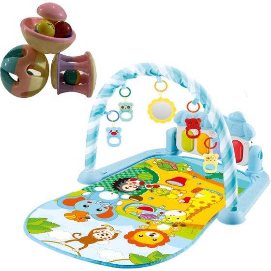 Imagem de Tapete Musica Piano Azul Bebê e Brinquedo Educativo Chocalho