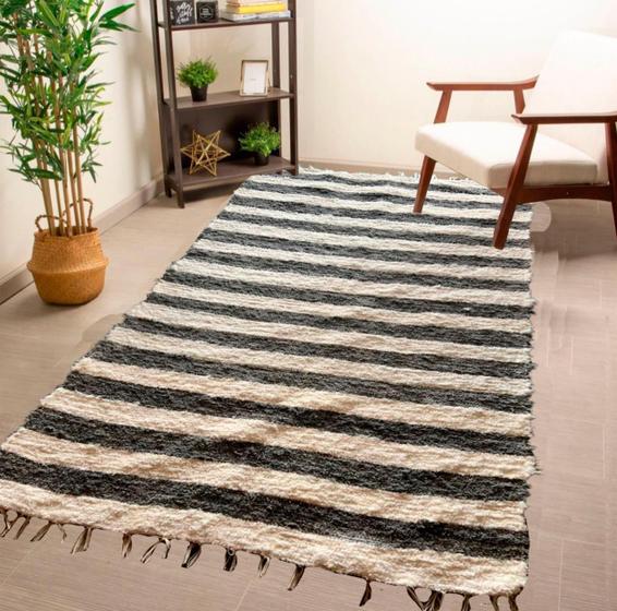 Imagem de Tapete Para Sala Felpudo Listra Cinza Boho Chic 2,00X1,00