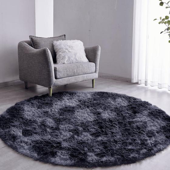 Imagem de Tapete Pelo Alto Felpudo Peludo Macio Anti Derrapante Alérgico Mesclado Preto Redondo 60 cm Sala Quarto Escritório
