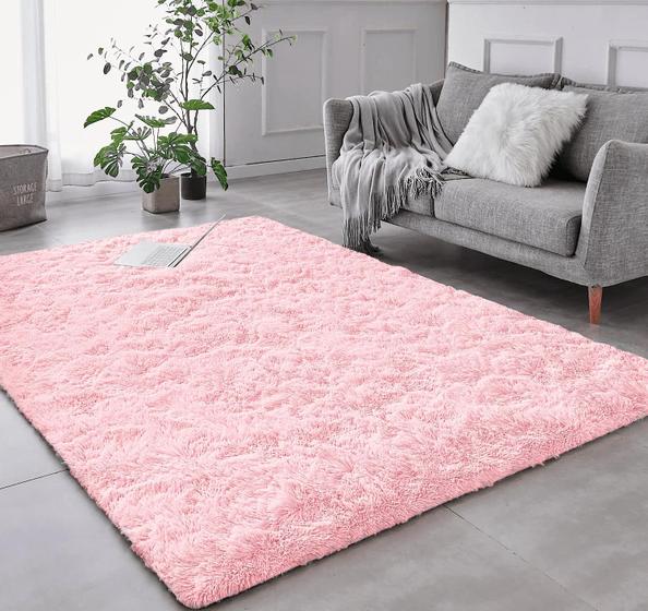 Imagem de Tapete Pelo Alto Felpudo Peludo Macio Anti Derrapante Alérgico Rosa Bebe 200 x 200 cm Sala Quarto Escritório