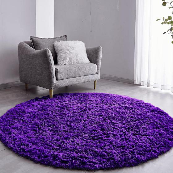 Imagem de Tapete Pelo Alto Felpudo Peludo Macio Anti Derrapante Alérgico Roxo Redondo 60 cm Sala Quarto Escritório