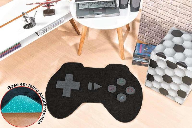 Imagem de Tapete Pelúcia Controle Video Game Preto Quarto Menino Infantil Antiderrapante