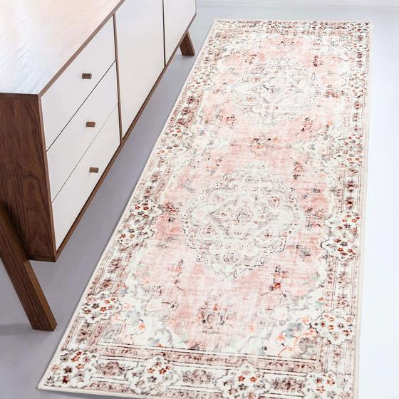 Imagem de Tapete Runner MUJOO Non Slip Boho Pink lavável à máquina 60x180c