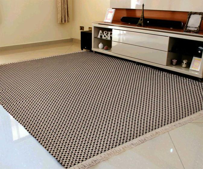 Imagem de tapete sala antialérgico 100% algodão resistente lavável em maquina , Xadrez TABACO / preto  / cru