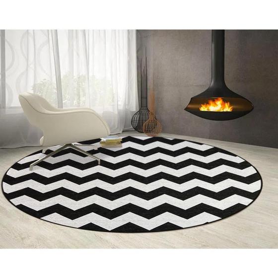 Imagem de Tapete Sala Decorativo 90Cm Redondo Geometrico Zigzag Preto