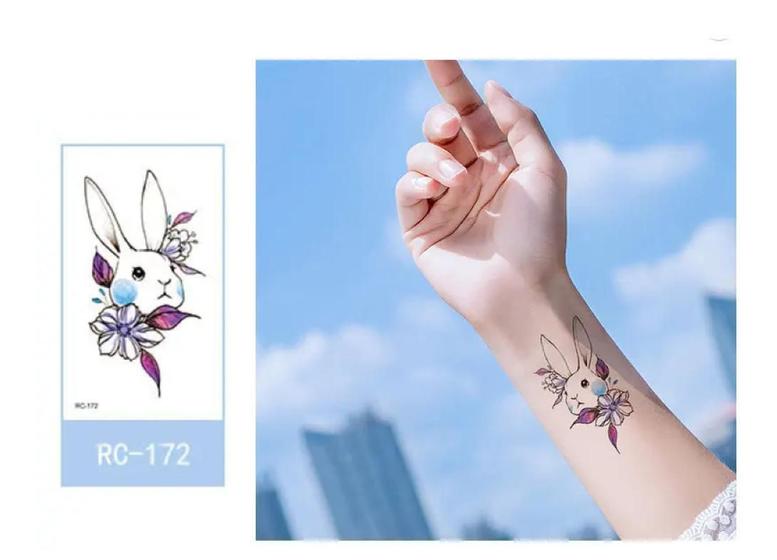 Imagem de Tatuagem Temporária Coelho E Flores Delicada Arte