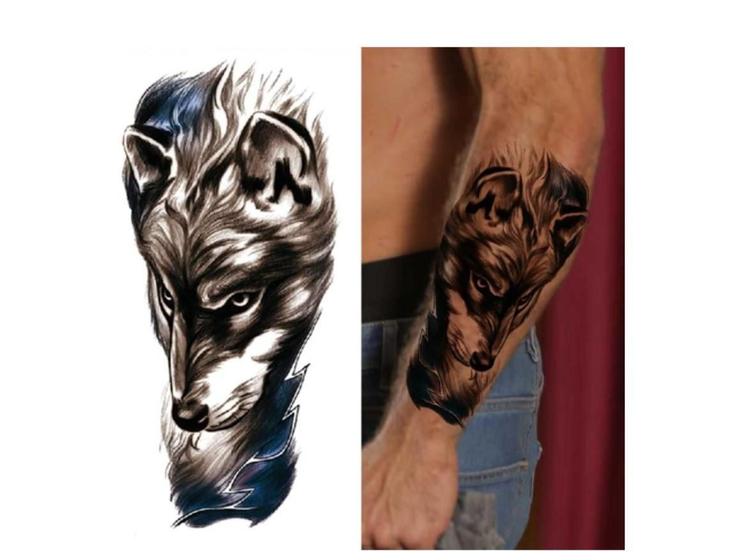 Imagem de Tatuagem Temporária Dark Delicada Com 20 Cm Lobo Tribal