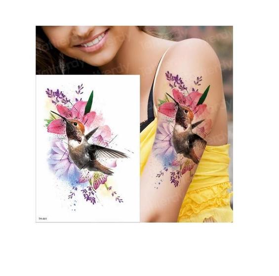 Imagem de Tatuagem Temporária Delicada Com 20 Cm Floral Beija-Flor