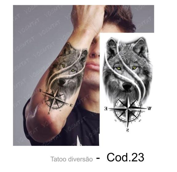 Imagem de Tatuagem Temporária Lobo Com Bussola Masculino E Feminino - 10x15cm