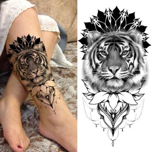 Imagem de Tatuagem Temporária Masculina E Feminina Tigre E Mandala