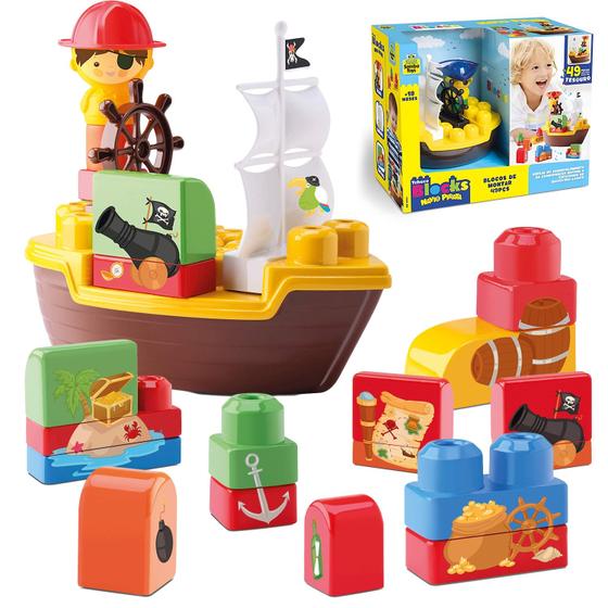 Imagem de Tchuco Blocks Brinquedo Navio Pirata 49 Peças De Montar Educativo  - Samba Toys