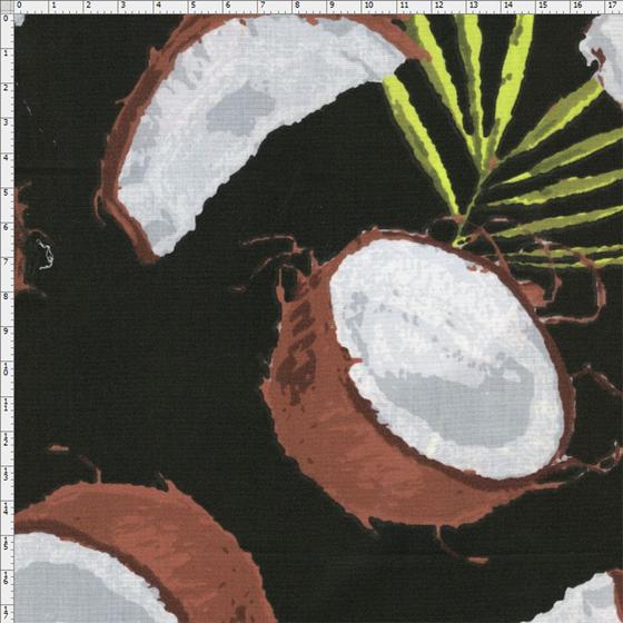 Imagem de Tecido Estampado para Patchwork - Coleção Fresh Fruits Coco com Folhagem Fundo Preto (0,50x1,40)