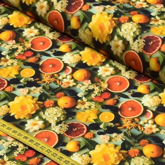 Imagem de Tecido Estampado para Patchwork - Digital 3D - Renata Blanco : Flores com Laranjas (0,50x1,50)