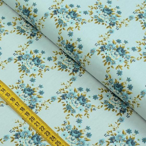 Imagem de Tecido Estampado para Patchwork - Floral Espanha : Floral Servilha Petróleo (0,50x1,40)