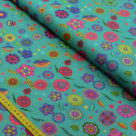 Imagem de Tecido Estampado para Patchwork - Flowers by Marina Landi: Fundo Acqua ML003 (0,50x1,50)