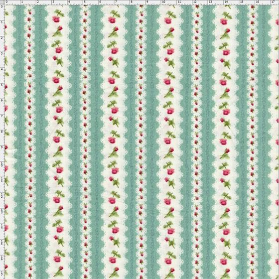 Imagem de Tecido Estampado para Patchwork - Millyta Four Seasons Listrado Verde com Rosas (0,50x1,40)
