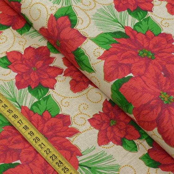 Imagem de Tecido Estampado para Patchwork - Natal: Poinsentia Fundo Bege (0,50x1,40)