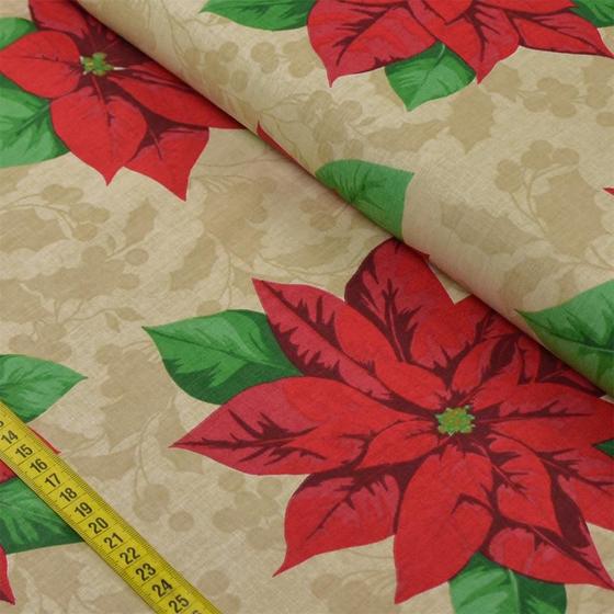 Imagem de Tecido Estampado para Patchwork - Natal: Poinsétia Grande Fundo Bege (0,50X1,40)