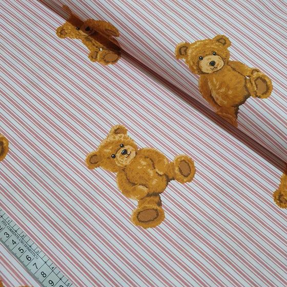 Imagem de Tecido Estampado para Patchwork - Urso Teddy Bear: Urso com Listras Rose (0,50x1,40)