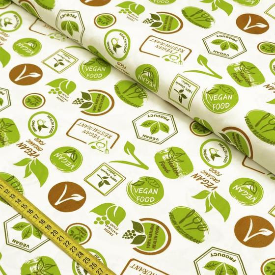 Imagem de Tecido Estampado para Patchwork - Vegan Life: Label Verde (0,50x1,50)