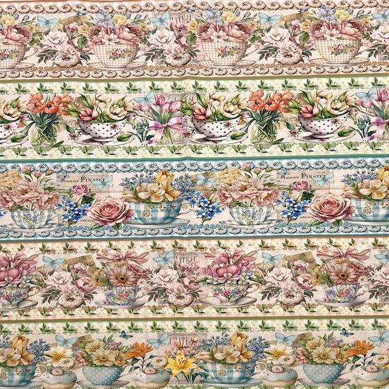 Imagem de Tecido Tricoline Digital Barrado Xícaras e Flores