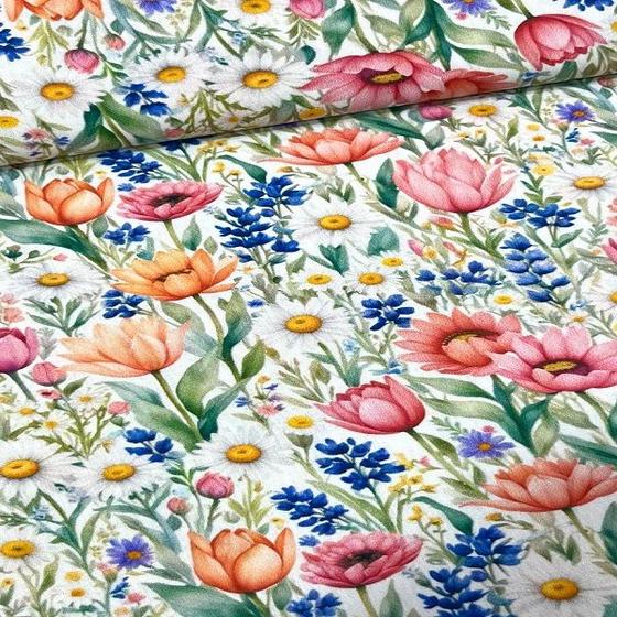 Imagem de Tecido Tricoline Rotativo Floral Colorido Fundo Branco