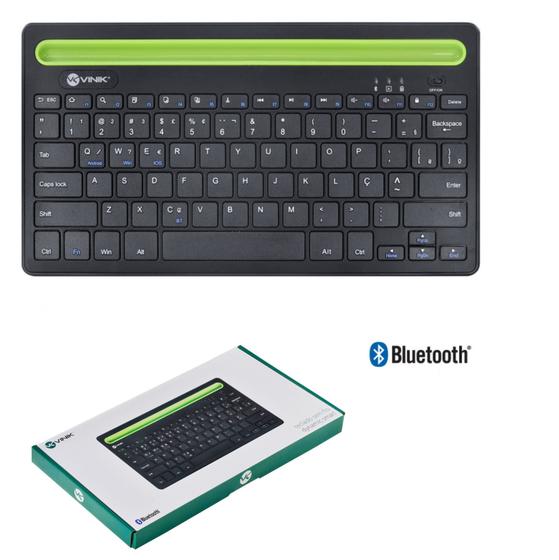 Imagem de Teclado Bluetooth 3.0 ABNT Mini Compacto Tablet Celular Sem Fio Preto Suporte