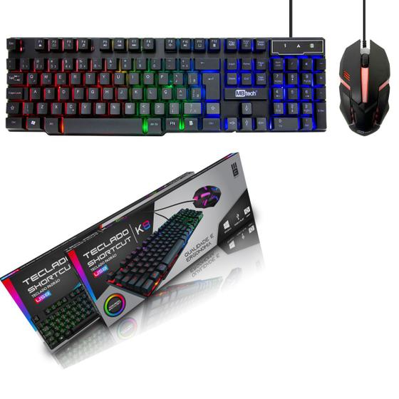 Imagem de Teclado e Mouse Gamer Com Fio USB - Kit Teclado e Mouse Gamer Shortcut K8 C/ Led rgb Rainbow Backlight