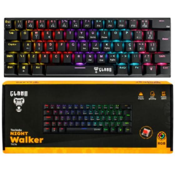 Imagem de Teclado Gamer Clanm Night Walker Compacto 60% Cabo Resistente 1,5M  Com Switch Red Alta Qualidade Iluminação de Led Rgb Preto