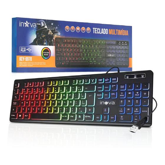 Imagem de Teclado Gamer com Fio USB Ultra Silencioso Ergonômico Iluminação RBG Original Inova 