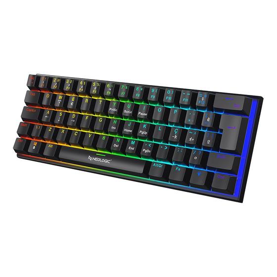 Imagem de Teclado gamer mecânico neologic precision dark  60% rainbow 61 teclas switch red preto cabo tipo c - predrk-red