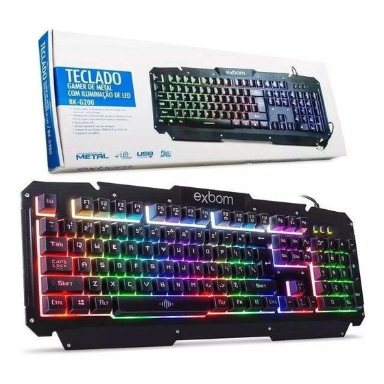 Imagem de Teclado Gamer Metal Qwerty Abnt Luz c/ Iluminação Rgb Exbom BK-G200