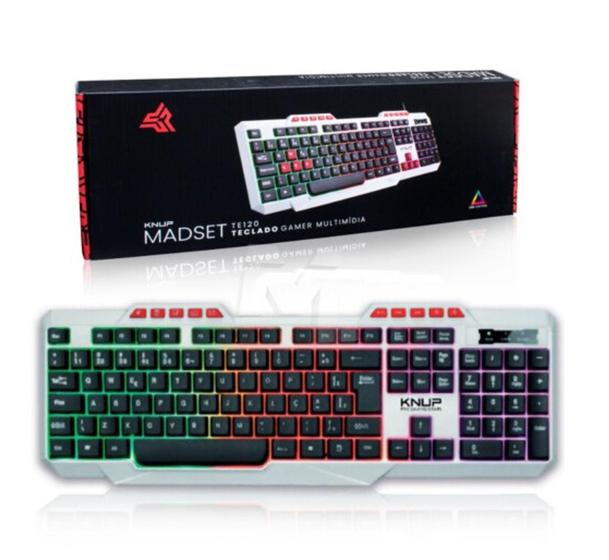 Imagem de Teclado Gamer Multimídia Knup multicolorido ergonômico 107 teclas macias retroiluminação