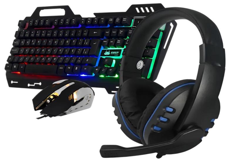 Imagem de Teclado Gamer Semi Mecânico ABNT2 Led 3 Cores, Mouse Ergonômico 6 Botões 2400 DPI Rainbow e Headset Fone de Ouvido Com Microfone Plugue P3 3,5mm