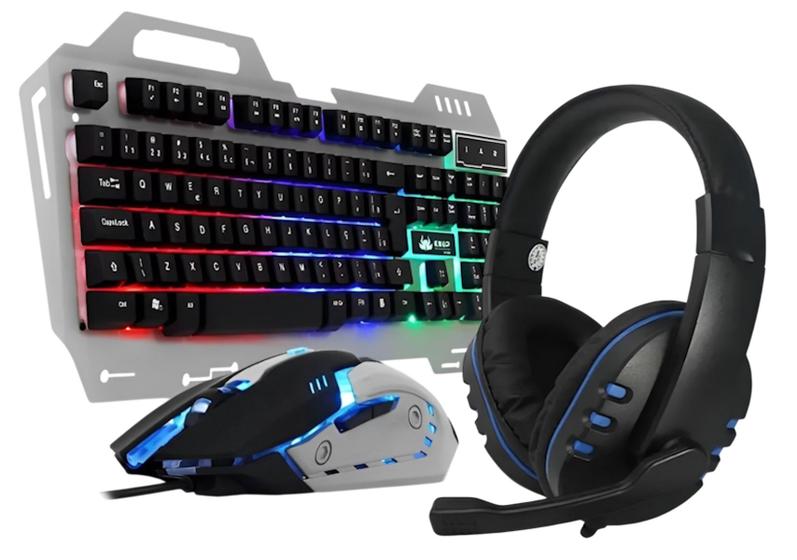 Imagem de Teclado Gamer Semi Mecânico ABNT2 Led 3 Cores, Mouse Ergonômico 6 Botões 2400 DPI Rainbow e Headset Fone de Ouvido Com Microfone Plugue P3 3,5mm