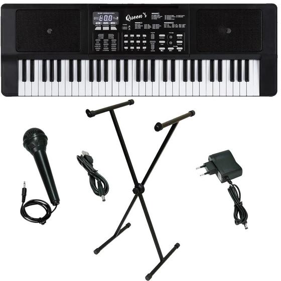 Imagem de Teclado Iniciante Queens 61 Teclas Fonte e Microfone Estante