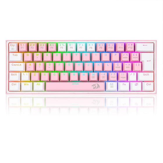 Imagem de Teclado Mecânico Gamer Redragon Fizz, RGB, Switch Blue, Layout 60%, USB-C, ABNT2, Rosa e Branco - K617-RGB-PW